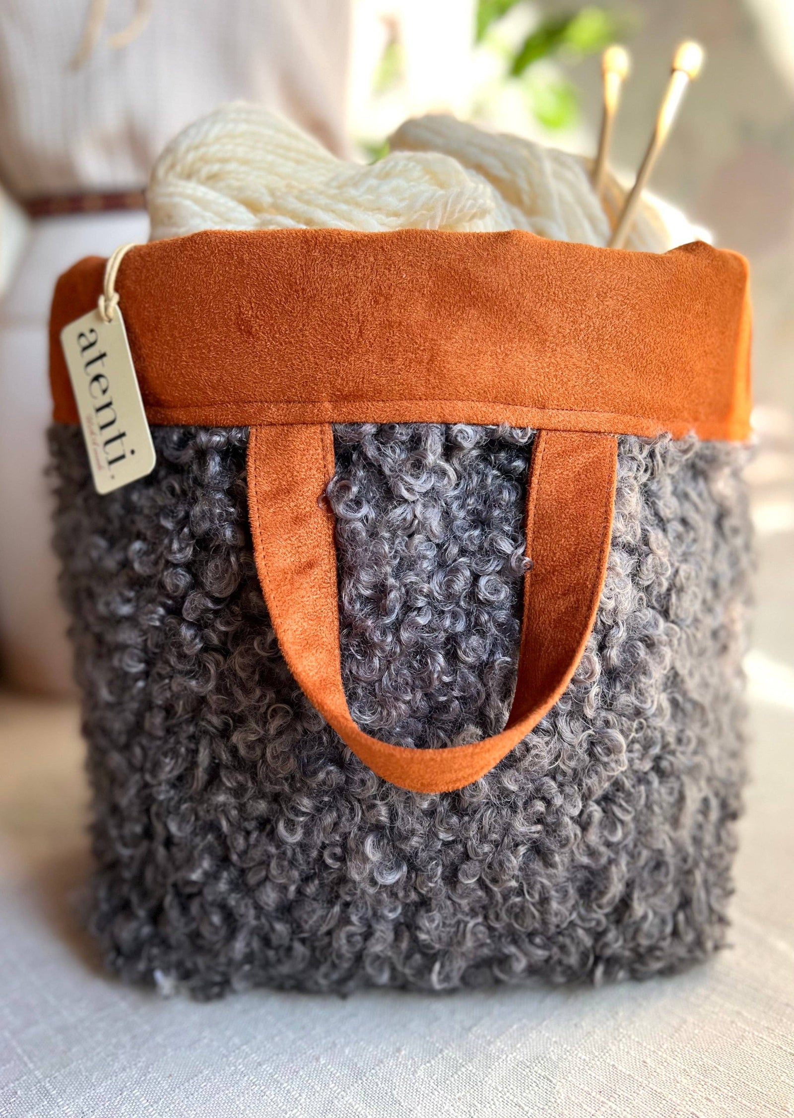 Knitting and Crochet Organizer Project Bag: Curly Cute Charcoal Hope Basket