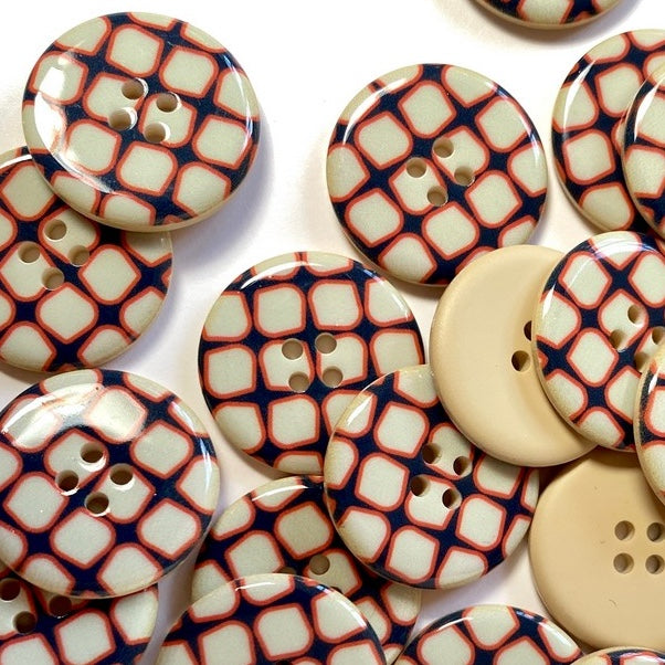 20mm - Stone / Glossy Buttons with Red and Navy Geometric Design