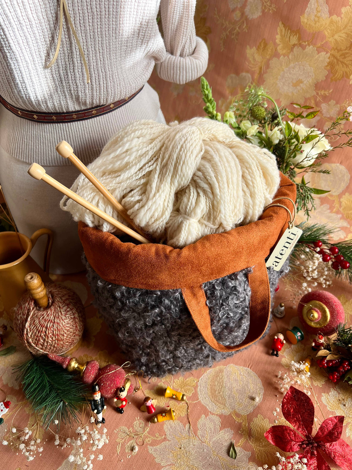 Knitting and Crochet Organizer Project Bag: Curly Cute Charcoal Hope Basket