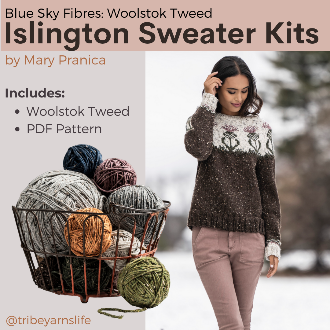 Islington Sweater Kits with Woolstok Tweed Blue Sky Fibers