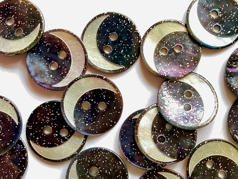 18mm - Dark Sparkly Sky with Crescent Moon on Shell TextileGarden