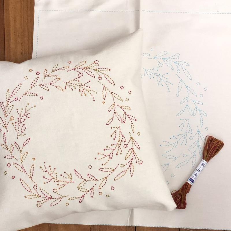 Sashiko Pre-Stencilled Wreath Fabric Panel Olympus